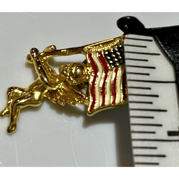 Set Of 2 Vintage Gold Tone Angel Cherub/Angel W/ American Enamel Flag Lapel Pin - Picture 6 of 6